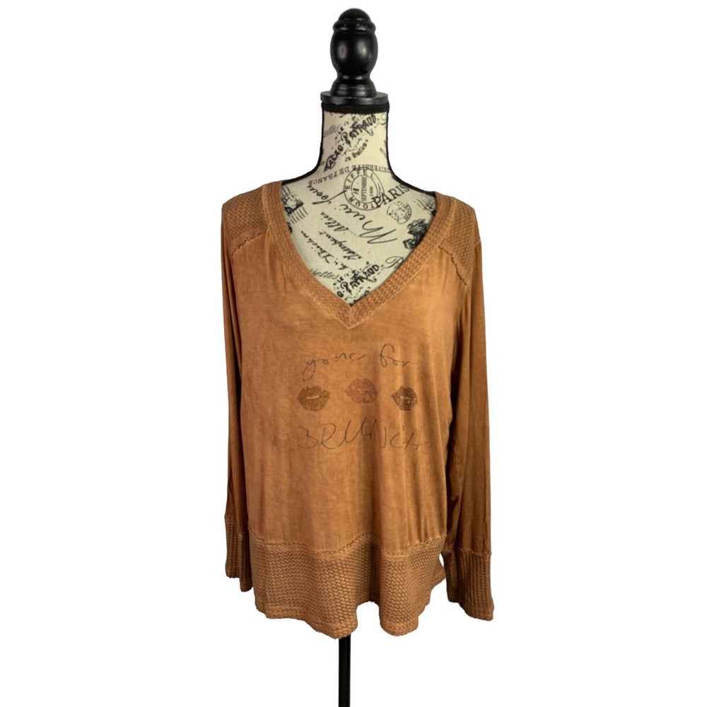 P O L Waffle Knit Blouse Acid Wash Color Rust Long Sleeve Loose Fit Women's M